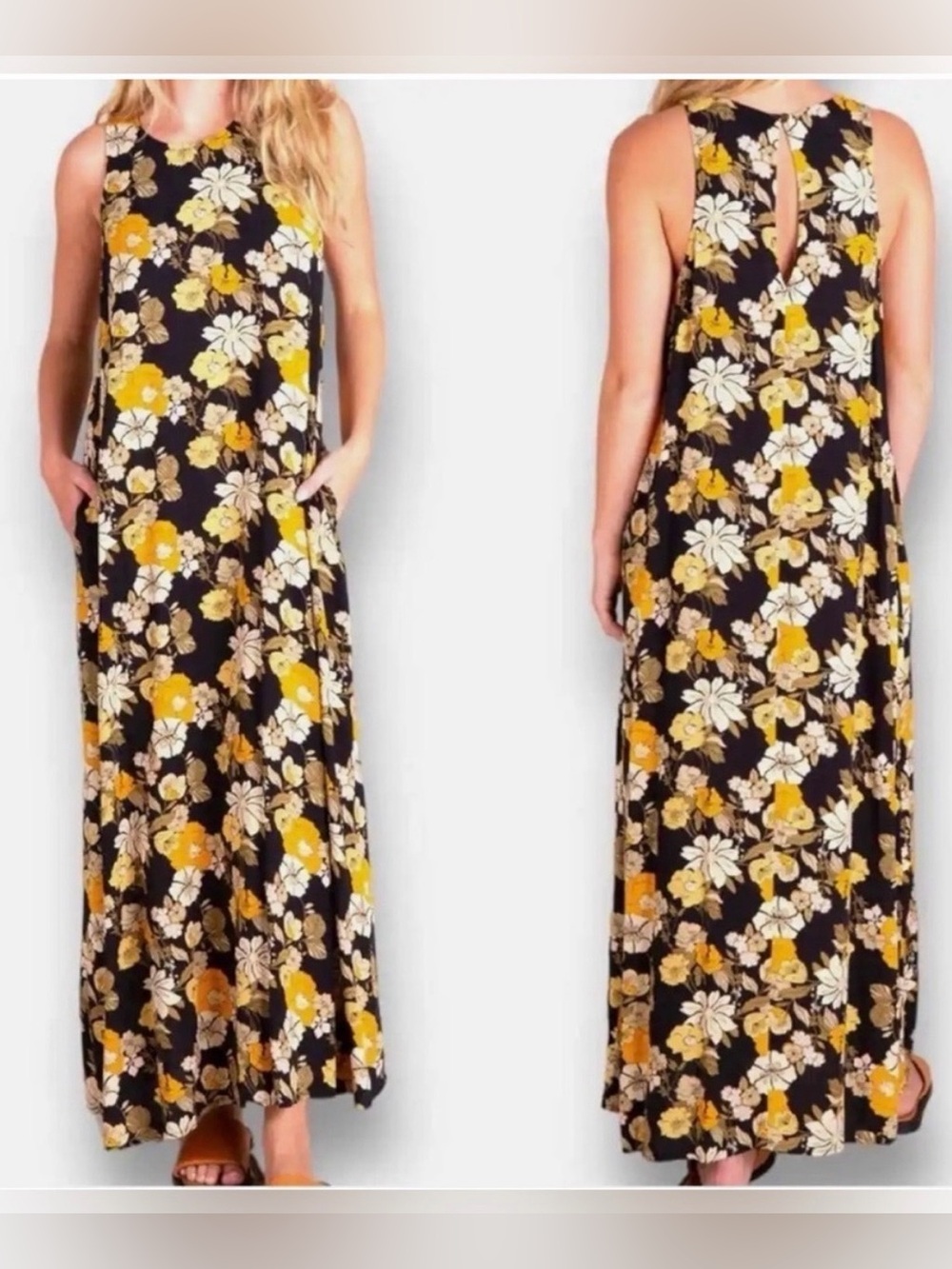 Natural Life Women’s Black and Orange Floral Print Maxi Dress Size L/XL